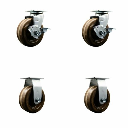 SERVICE CASTER 4'' High Temp Phenolic Caster Set with Bronze Bearings 2 Brakes 2 Rigid, 4PK SCC-20S420-PHBZHT-TLB-2-R-2